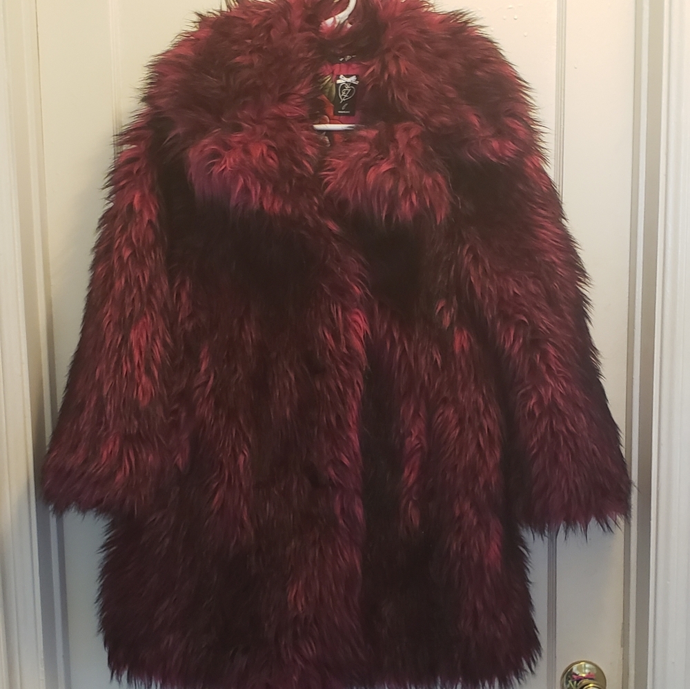 Rare Iron Fist Large Faux Fur Coat Jacket Maroon